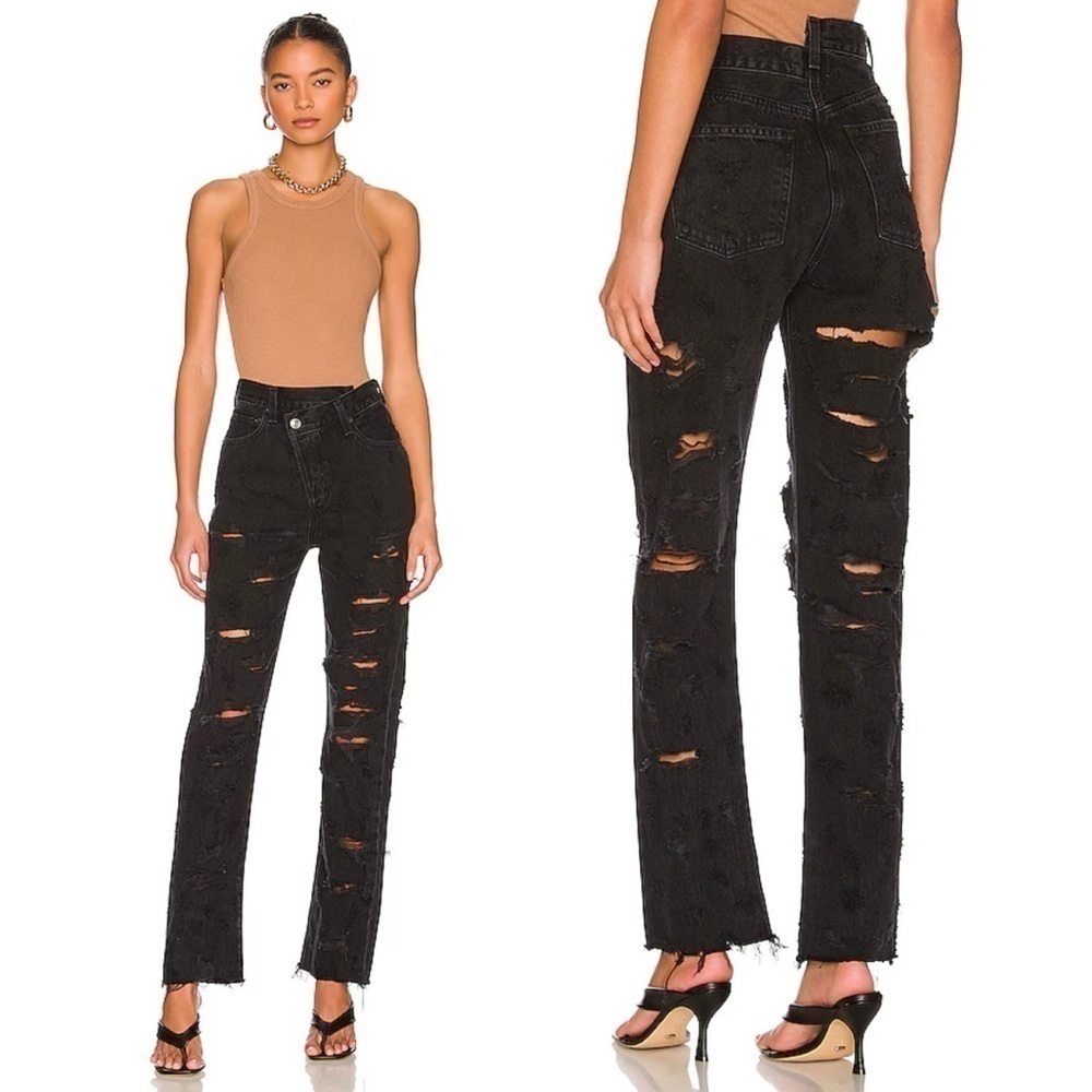 Agolde- Raw Hem Distressed Criss Cross Straight Jeans in Black Feverish Size 26